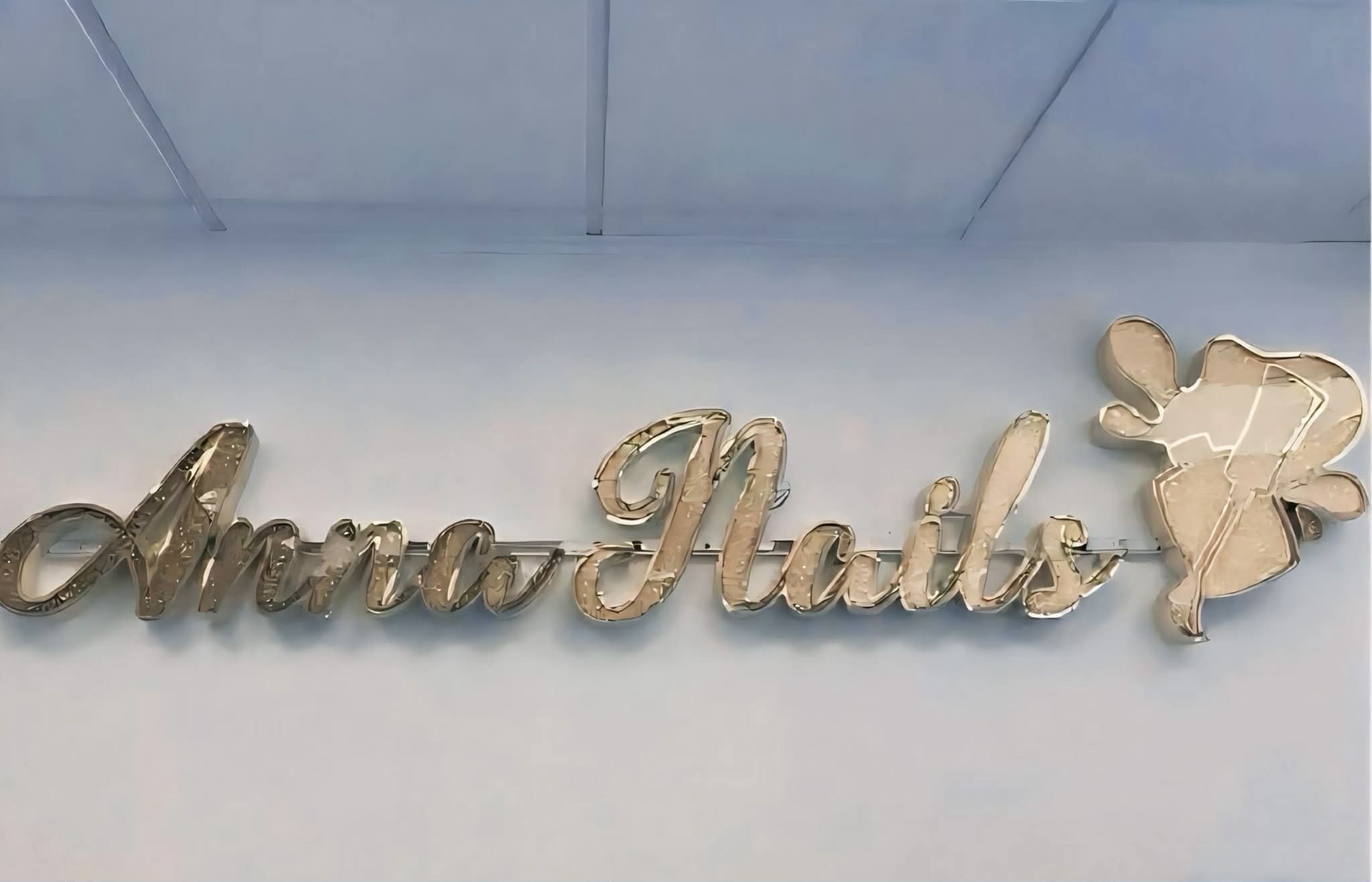 De gouden letters Anna Nails met bloem op de lichtblauwe wand van de salon